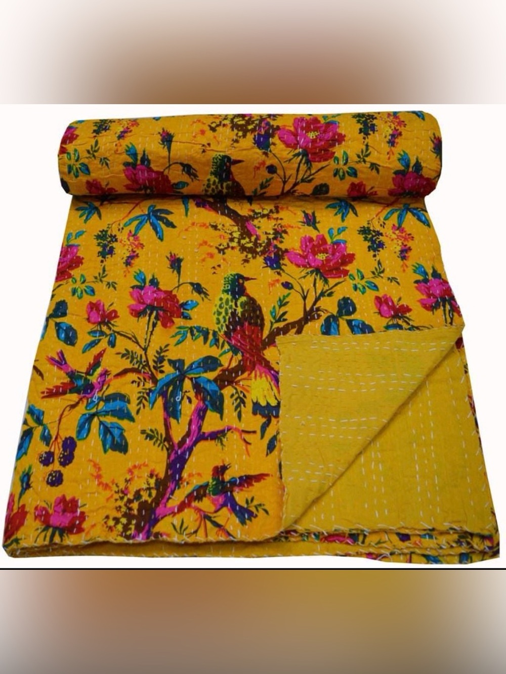 Handmade Indian Kantha Yellow Bird/Floral Bedspread,Size approx-57”-57.5”x 86”